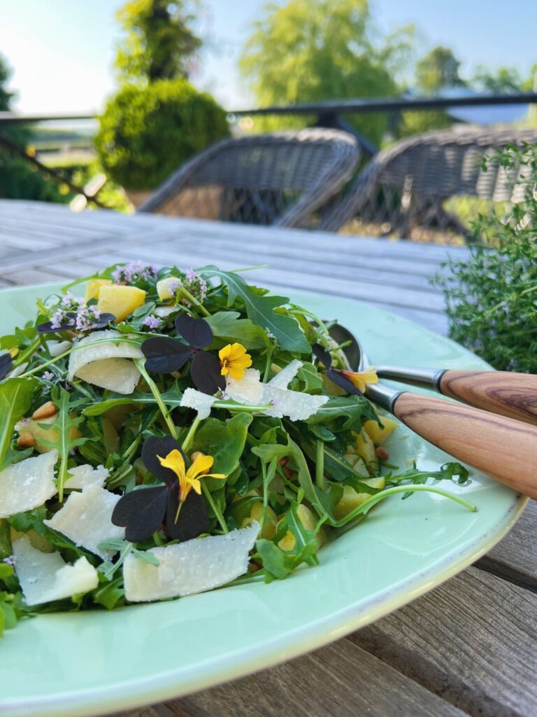 kartoffelsalat i grønt fad fra mærket casagent på et træbord med natur i baggrunden