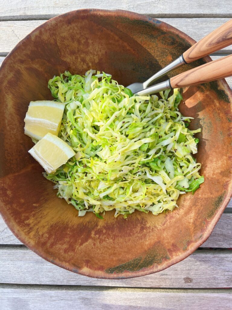 lun spidskålssalat med brune sennepsfrø og citronsaft i rustbrun salatskål sammen med to salatbåde