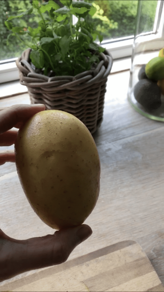 Kartoffelstørrelse til flødekartofler. Kartoffel holdes mellem pegefinger og tommelfinger for at illustrere størrelsen.