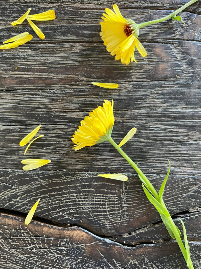 to spiselige gule blomster ligger på sort træbord og skal pynte en dessert med ananas